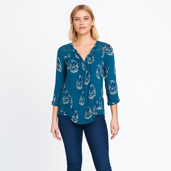 2/$30 Lucky Brand Floral Print Smocked Tunic Top Deep Green Large #BAG1 - Picture 1 of 7